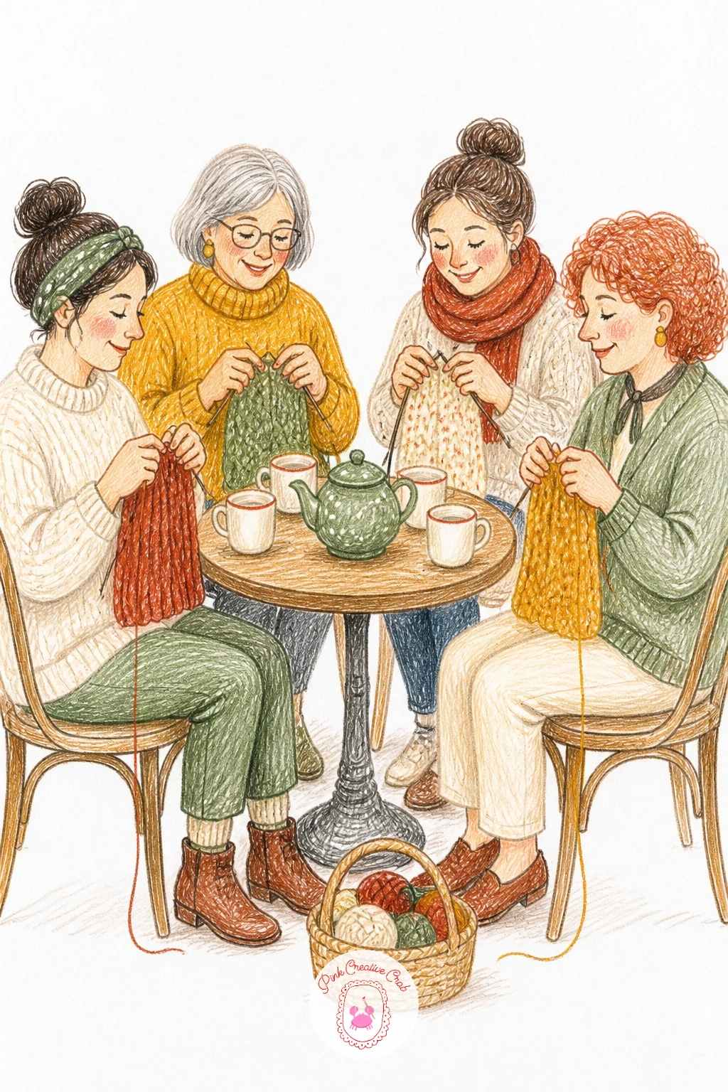 Knitting Club Around a Cafe Table — From one knitter to a few, this scene asks you to fit three or four figures around a small round table without crowding the