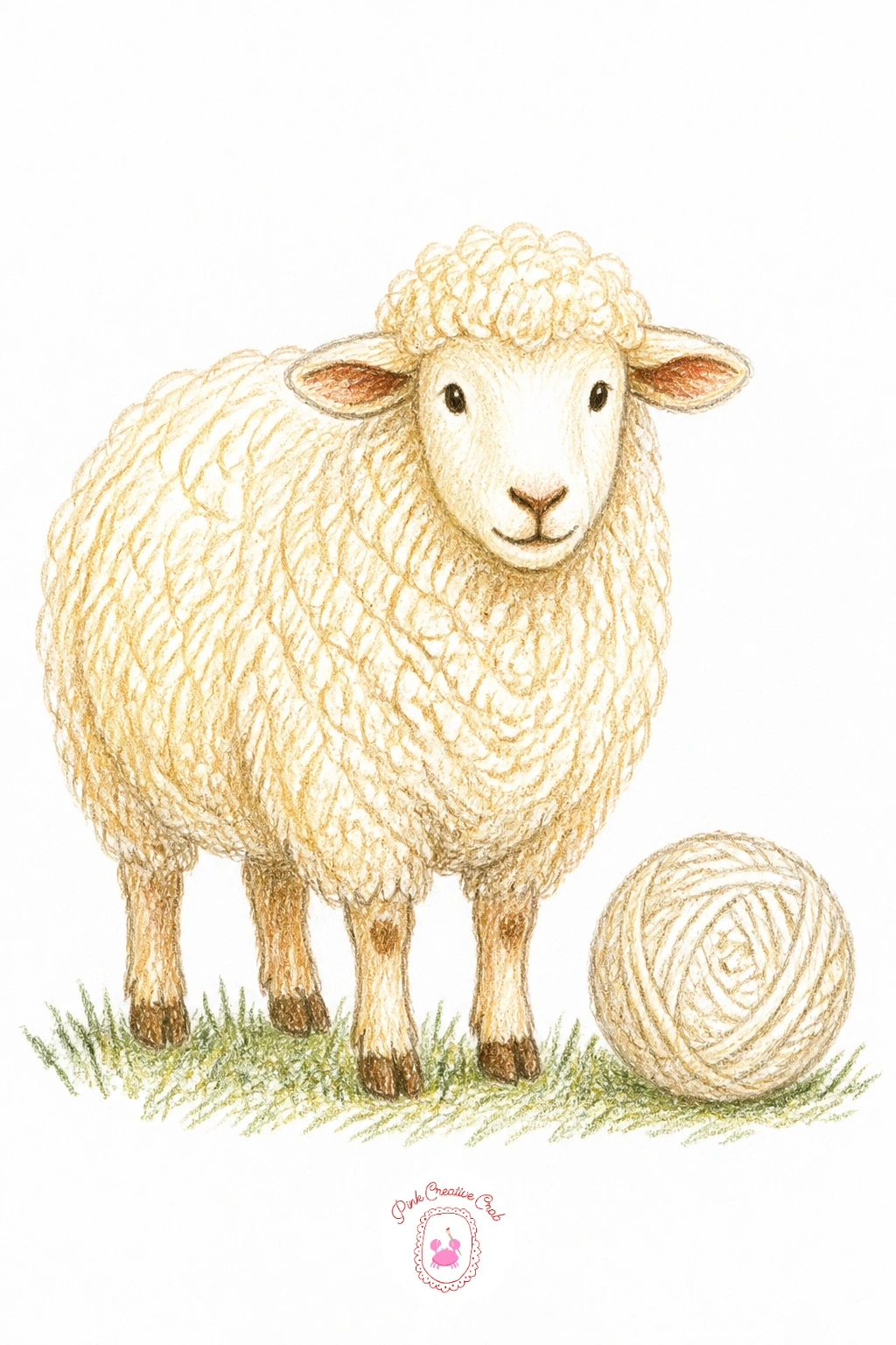 Sheep Standing Next to a Ball of Its Own Wool — Here is where the yarn comes from. Knitting drawing