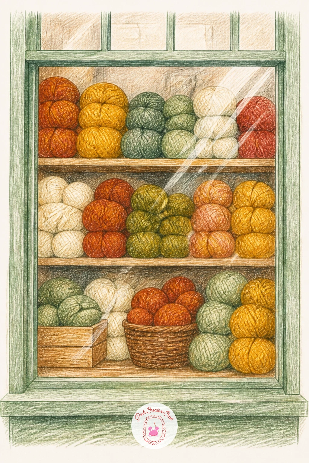Yarn Shop Window Full of Colorful Skeins — Take the wool indoors now, stacked behind glass in a shop window. Knitting drawing