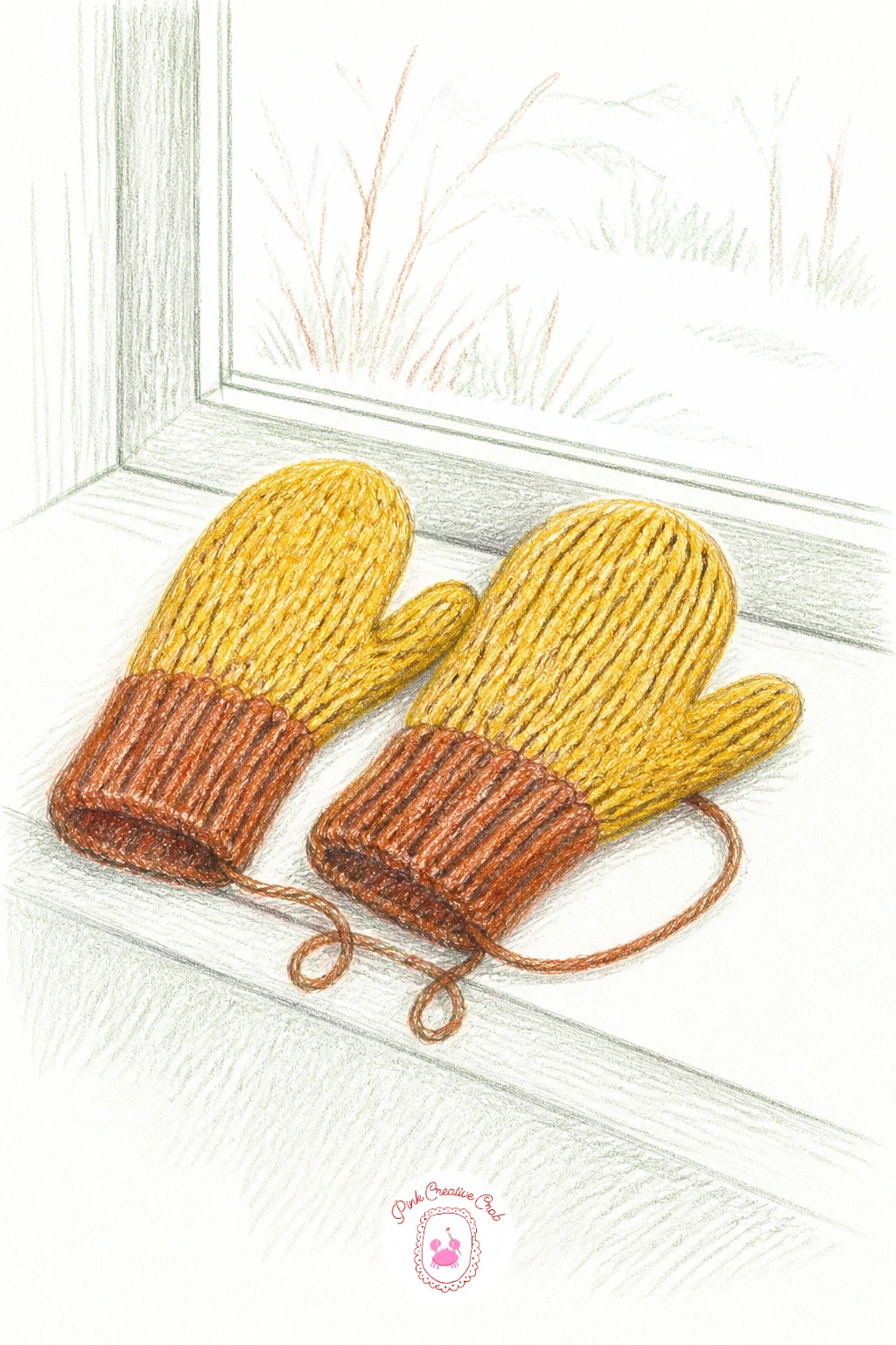 Hand-Knitted Mittens on a Windowsill — Narrow the focus to one small still life: a pair of mittens left to dry on a sill. Knitting drawing