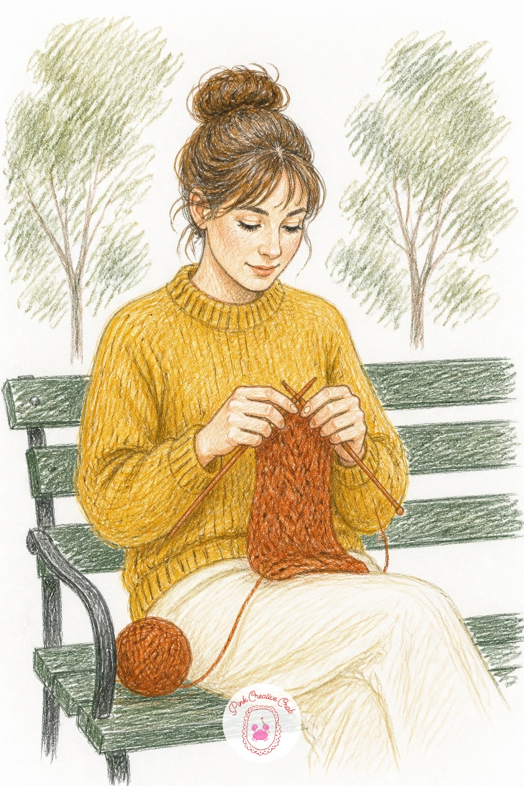 Woman Knitting on a Park Bench — Take the knitter outdoors again, this time seated on a simple park bench with trees suggested behind her. Knitting drawing