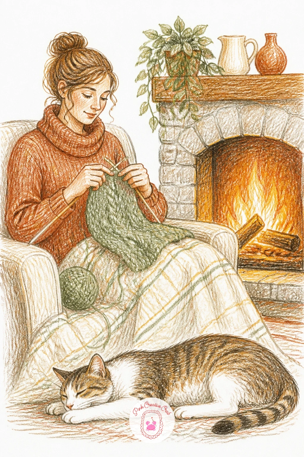 Knitter by the Fireplace With a Cat — Bring the cozy scenes together with a knitter settled by a glowing fireplace, a cat stretched nearby. Knitting drawing