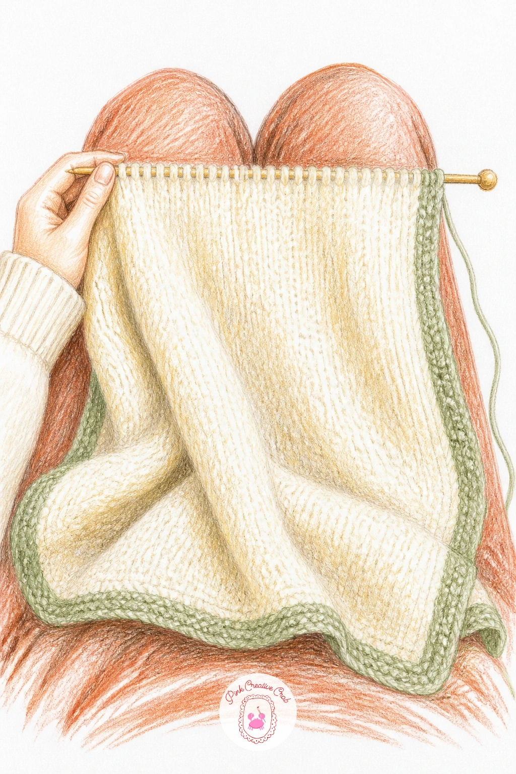 Baby Blanket in Progress on a Lap — Soften the scale with a small baby blanket still on the needles, draped over someone's lap, legs cropped at the frame edge