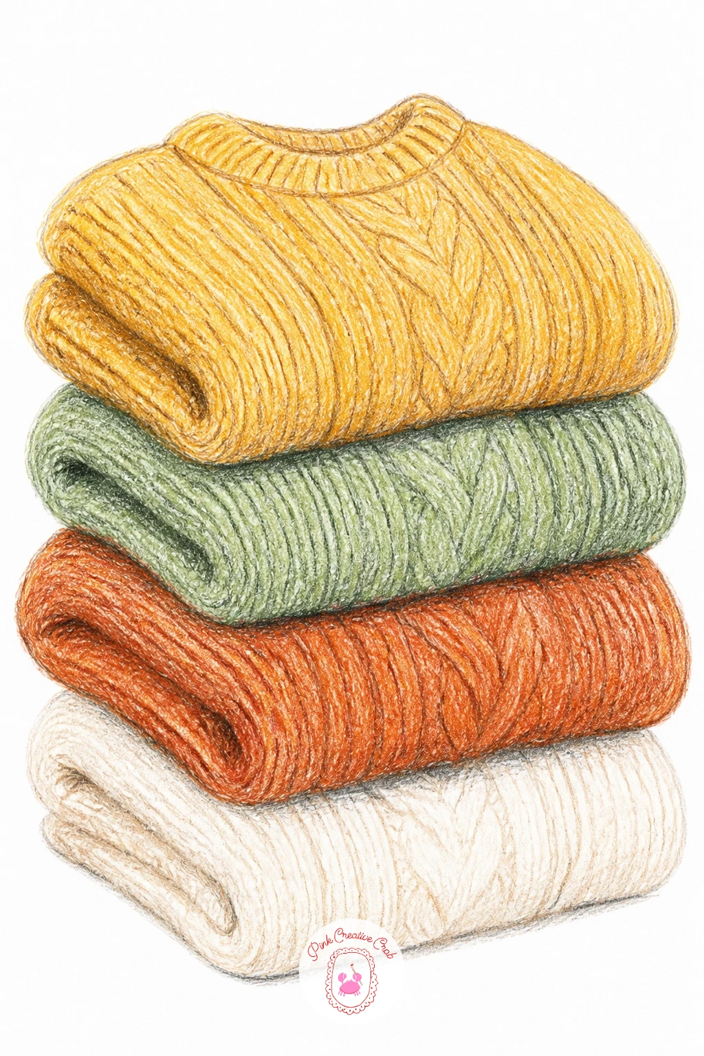 Stack of Folded Knit Sweaters — From one sweater to several, folded into a tidy stack. Knitting drawing