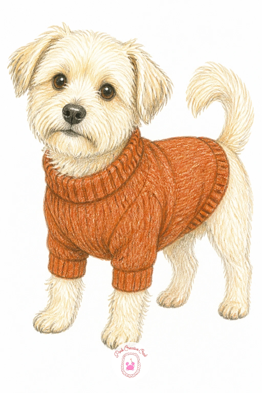 Dog Wearing a Knitted Sweater — Bring in a second animal with a small dog standing proudly in its own knitted sweater. Knitting drawing