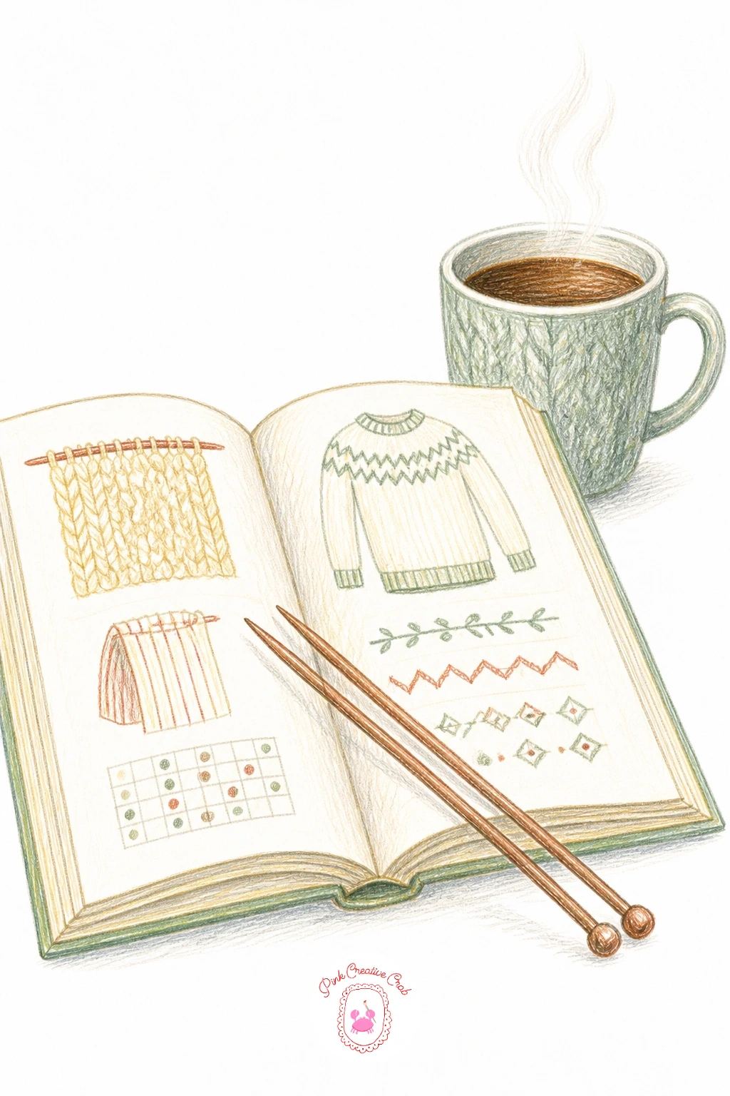 Pattern Book Open With Needles and a Cup of Coffee — Settle into a quieter still life now: an open pattern book flanked by a pair of needles and a steaming cup