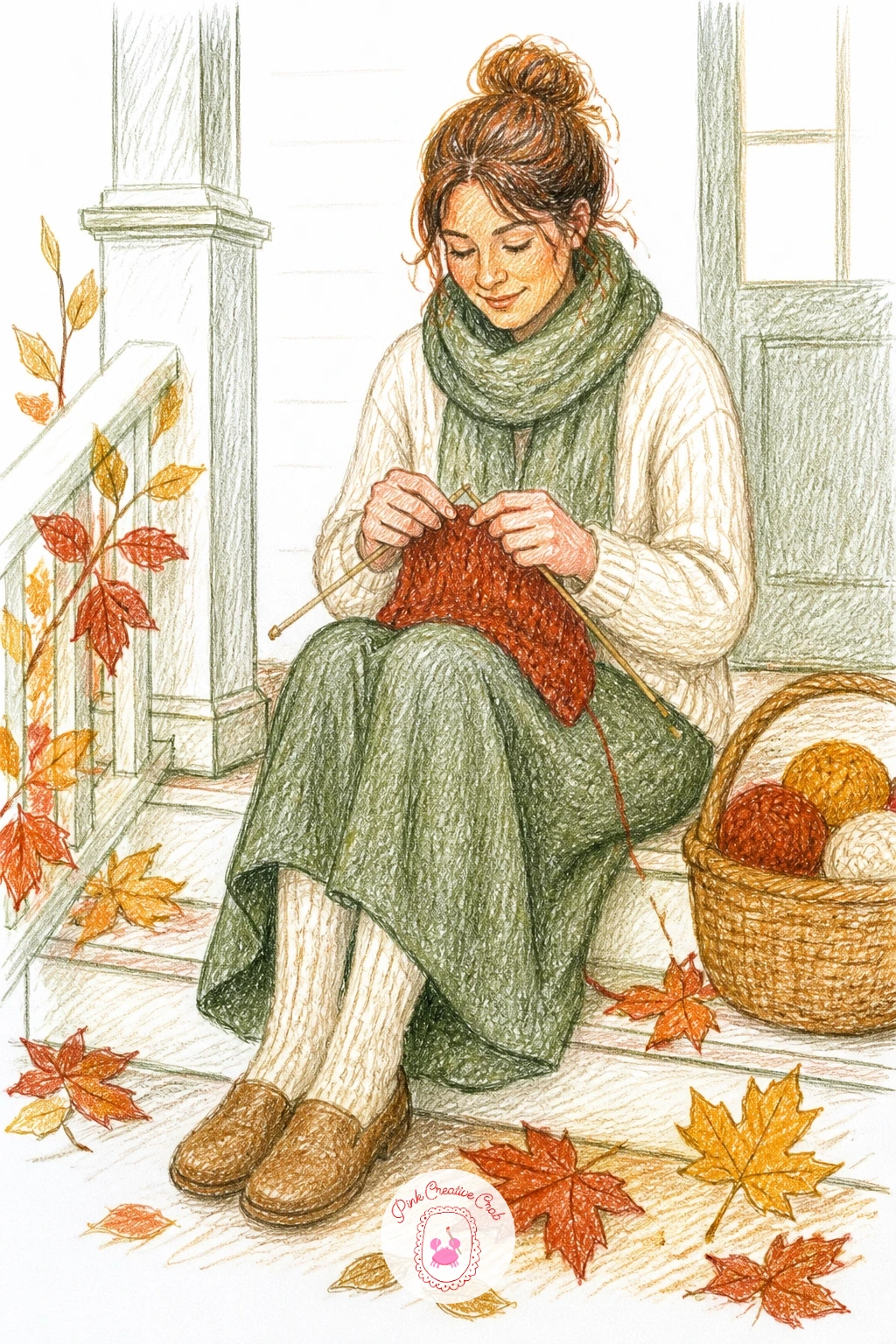 Knitter on a Porch in Autumn — Move the whole scene outside for one with real seasonal color. Knitting drawing