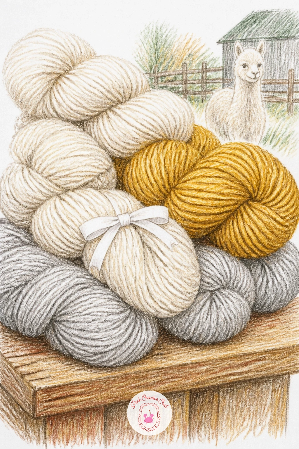 Alpaca Yarn Skeins at a Farm Market — Take the wool back outdoors to its market stall origins. Knitting drawing
