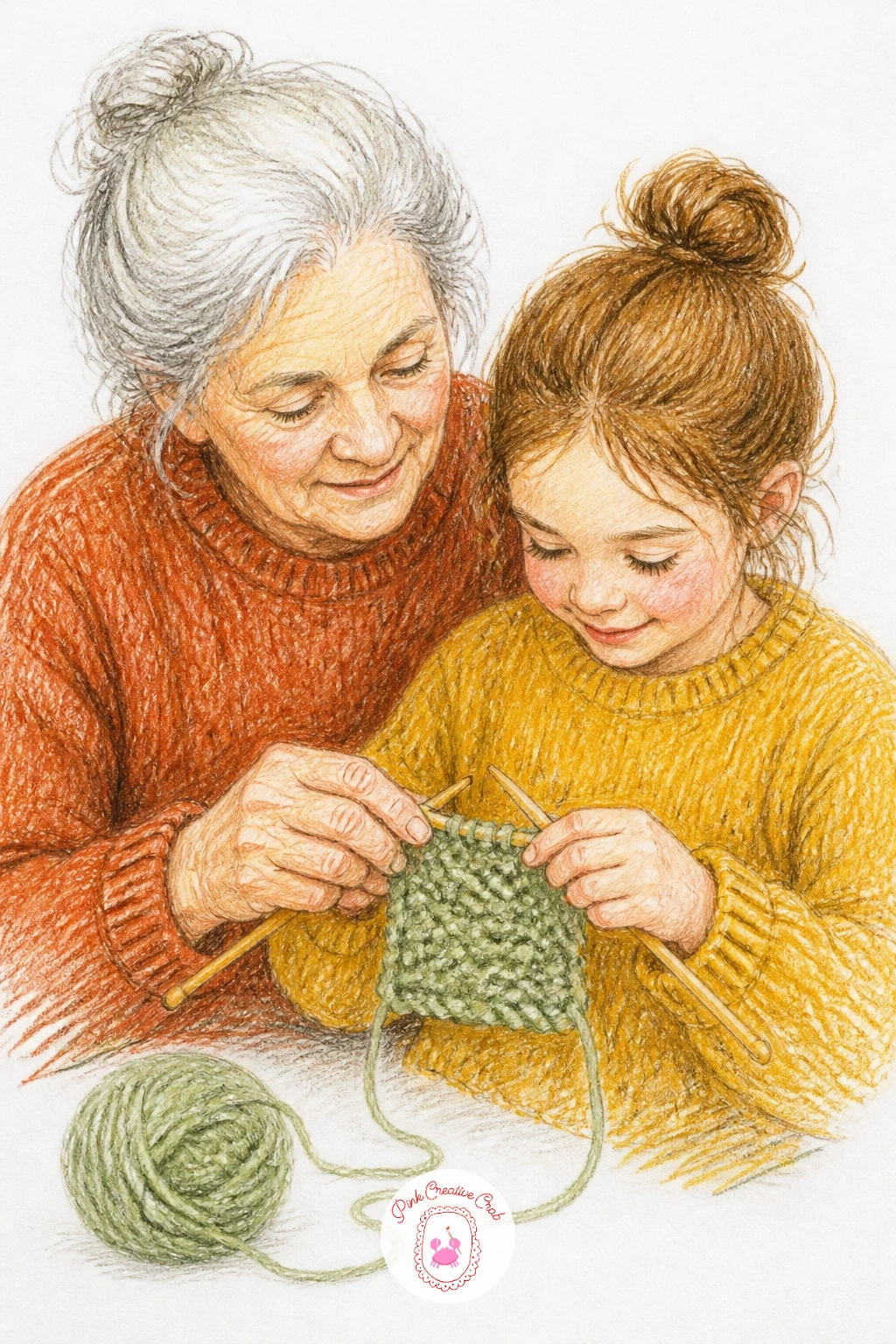 Little Girl Learning to Knit With Her Grandma — Bring two generations into one scene, building on the solo grandmother chair idea from earlier but now with a