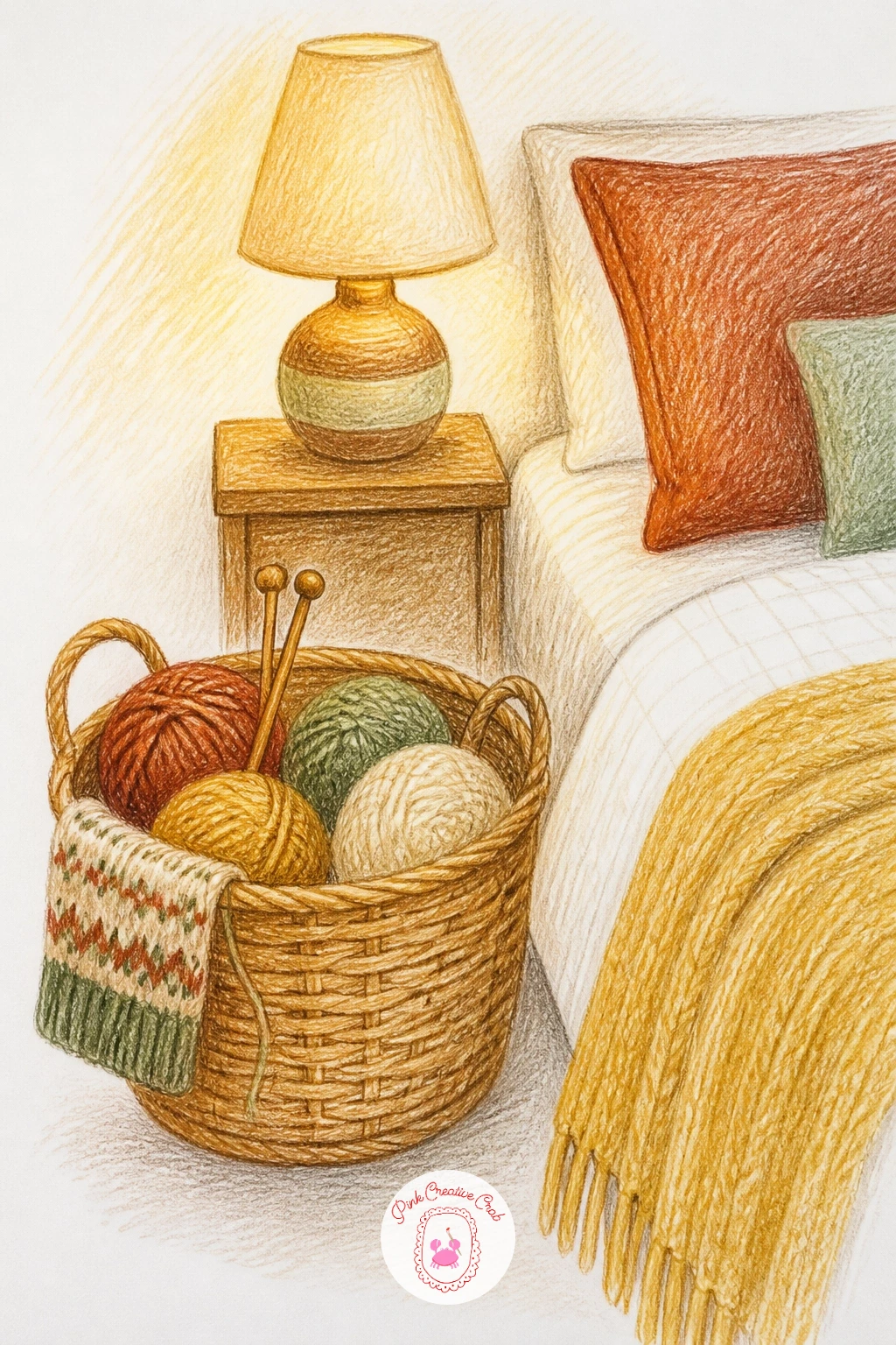 Knitting Basket Beside a Bed With a Lamp — Close the list back indoors with a quiet bedside scene: a knitting basket set beside a bed, lit by a small lamp.