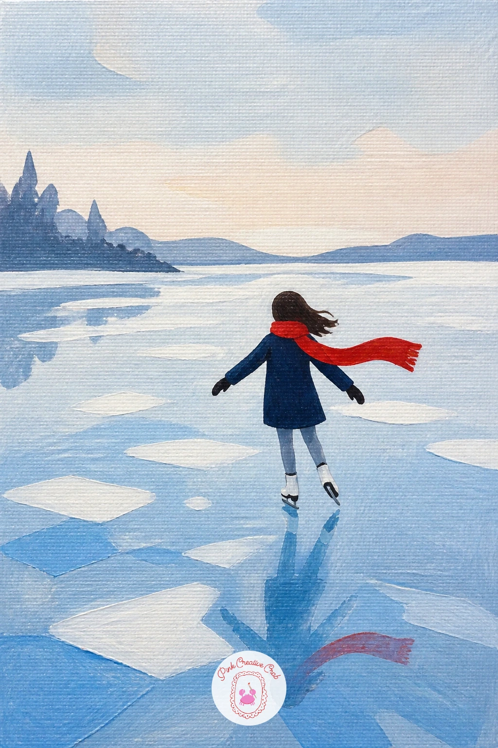 Girl in a Red Scarf on a Frozen Pond — Start with the simplest version of the whole idea: one girl, one red scarf, gliding across a frozen pond. Ice skating