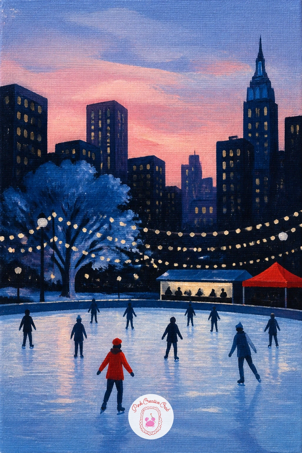 City Rink at Dusk With String Lights — Move from open ice to a city rink, where tall buildings and string lights do most of the work. Ice skating painting