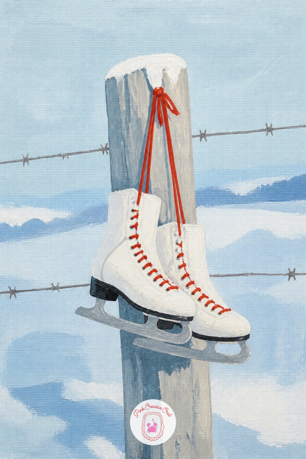 White Skates Hanging on a Fence Post — Give the figures a rest and paint a single still object instead: a pair of white skates hanging by their laces from a