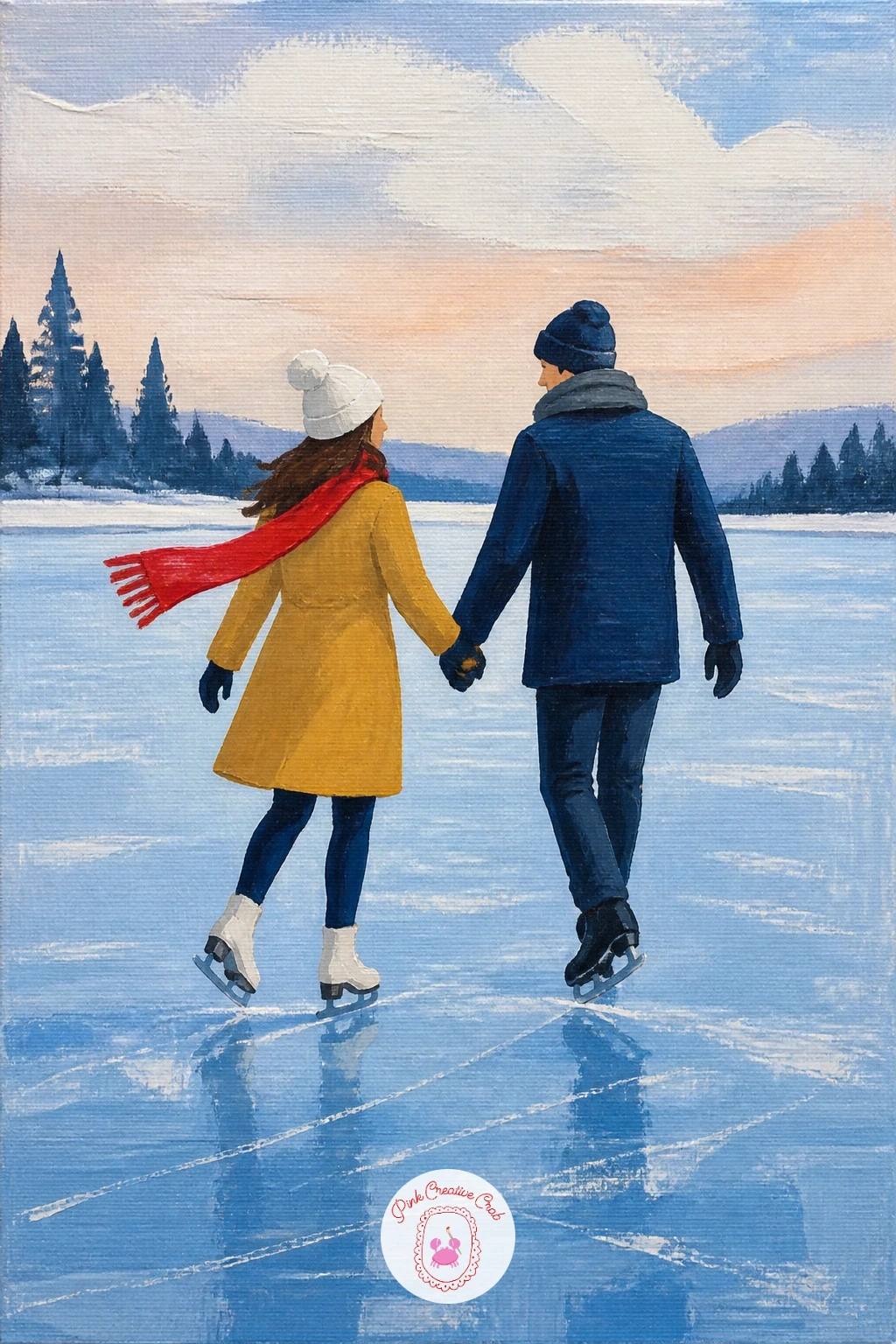 Couple Holding Hands on the Ice — Bring two figures together for the first time with a couple holding hands as they skate side by side. Ice skating painting