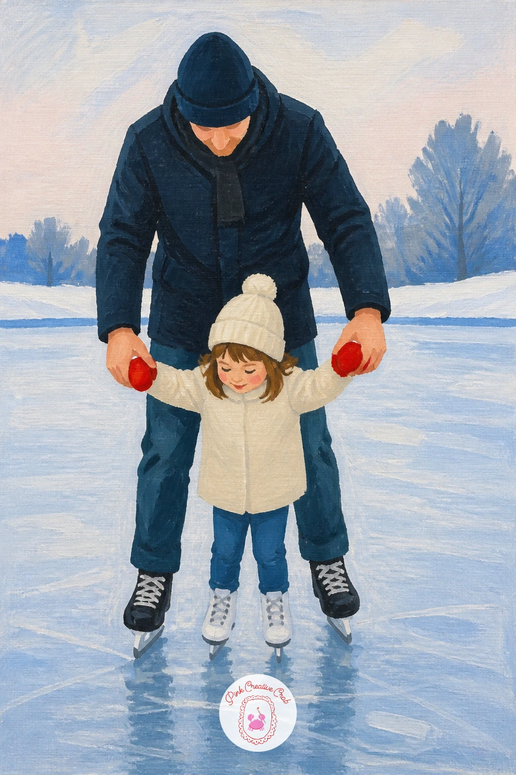 Child Learning to Skate With Her Dad's Hands — Paint a quieter, tender moment next: a small child learning to skate while holding both her father's hands for