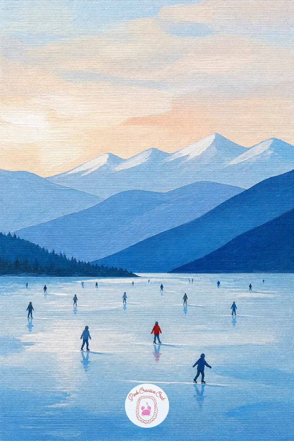 Tiny Skaters on a Frozen Lake Below Mountains — Zoom out for a landscape-led piece where the skaters become small marks against a big setting: a frozen lake