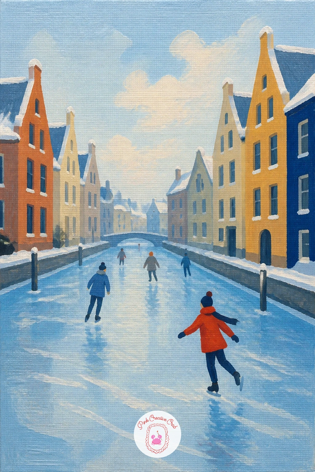 Skaters on a Frozen Canal Between Gabled Houses — Bring in architecture with skaters gliding along a frozen canal lined with tall gabled houses. Ice skating