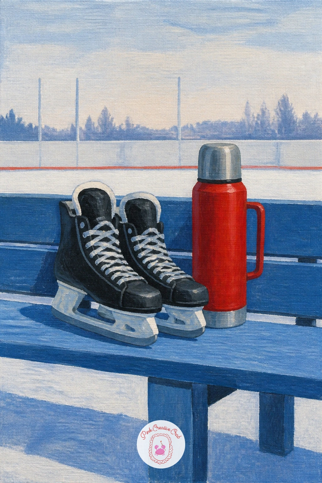 Rink-Side Bench With Skates and a Thermos — Pause the action for a still life moment at the edge of the ice: a wooden bench holding a pair of skates and a