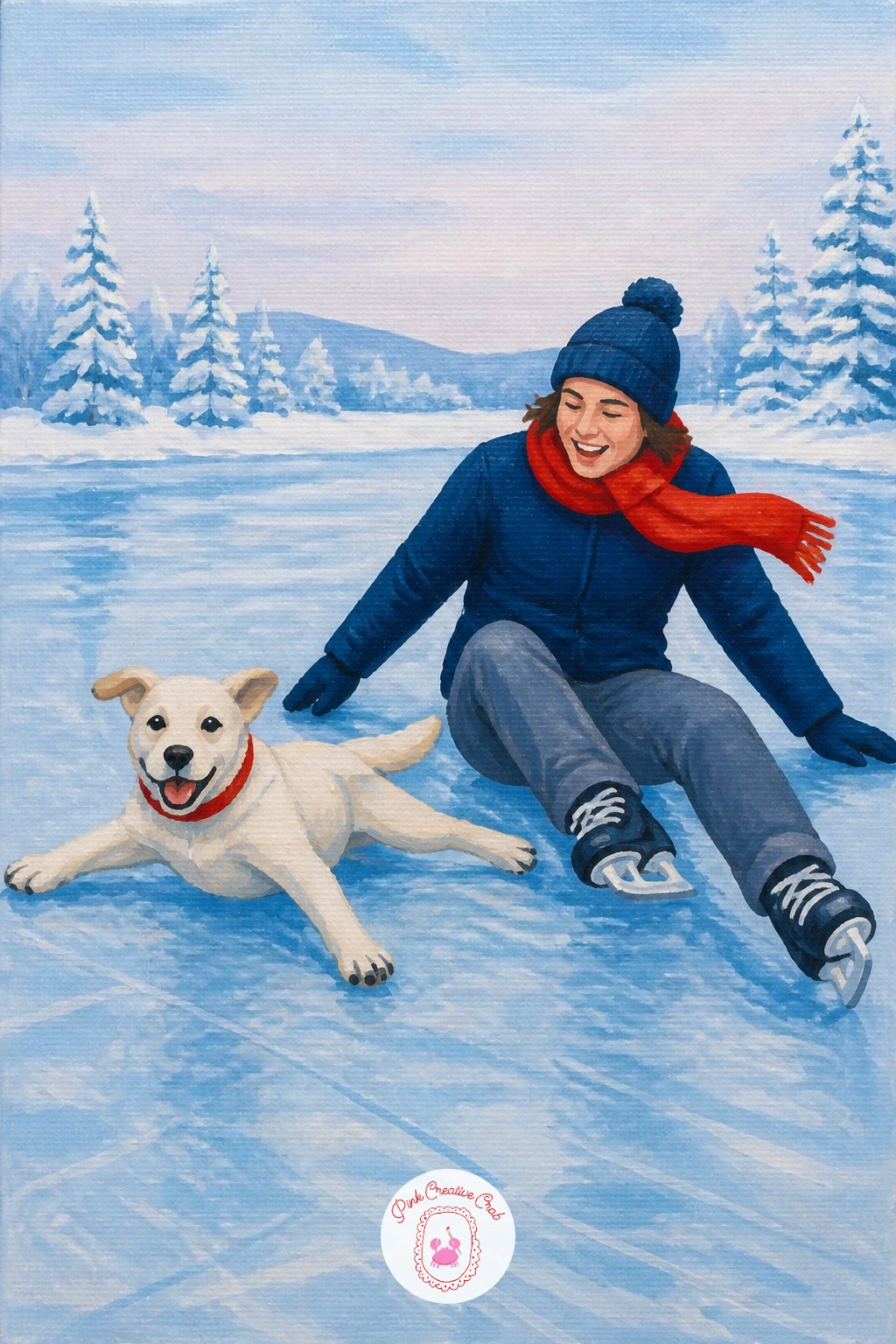 Dog Sliding on the Ice Beside Its Owner — Add some comedy with a dog sliding awkwardly across the ice beside its owner, legs splayed for balance. Ice skating