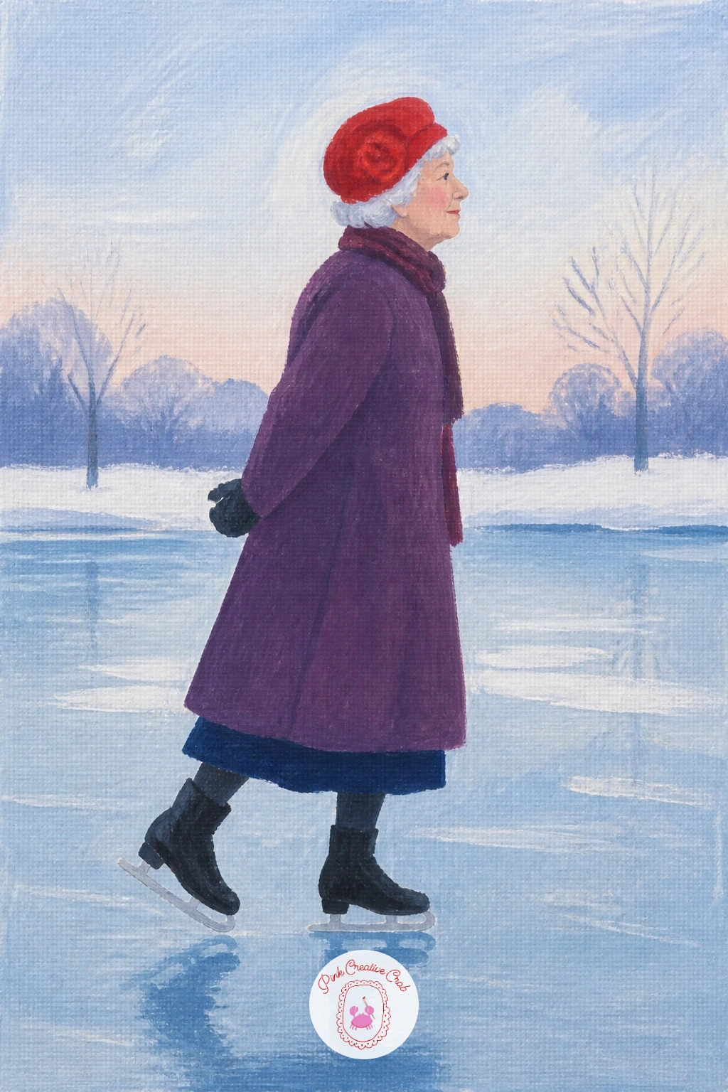 Old Lady Skating With Hands Behind Her Back — Paint quiet confidence next with an older skater gliding along, hands clasped behind her back. Ice skating