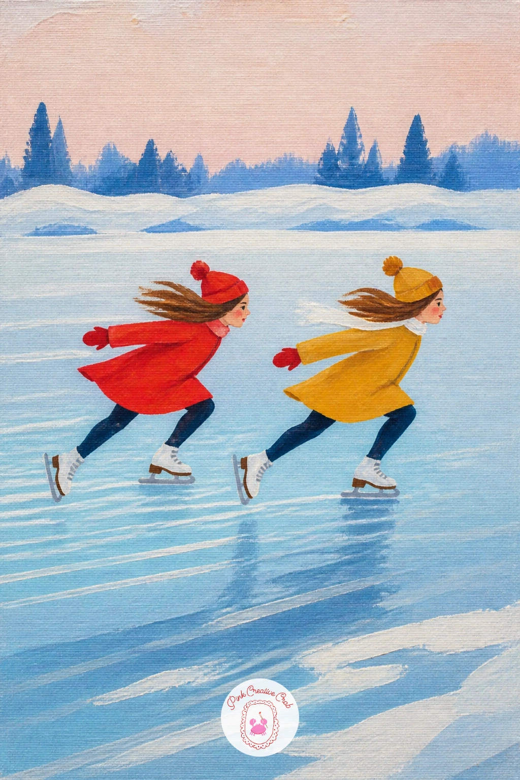 Two Sisters Racing Across the Pond — Bring energy back in with two sisters racing side by side across the pond, both leaning forward at speed. Ice skating