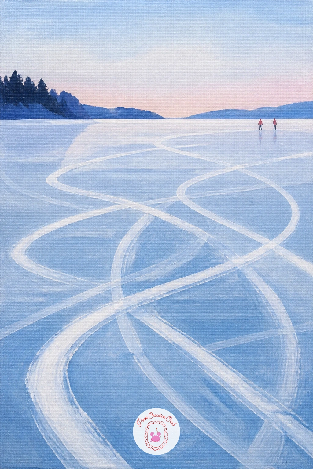 Curving Blade Tracks on Clear Ice — Strip the subject back to its simplest form: curving blade tracks cut into clear ice, with the skaters who made them