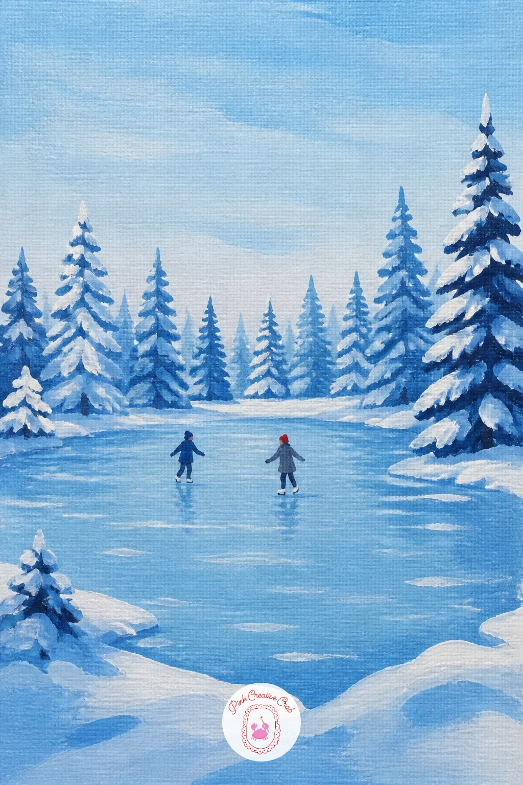 Frozen Pond Ringed With Snowy Pines — Return to a quieter natural setting with a frozen pond ringed by snowy pine trees. Ice skating painting