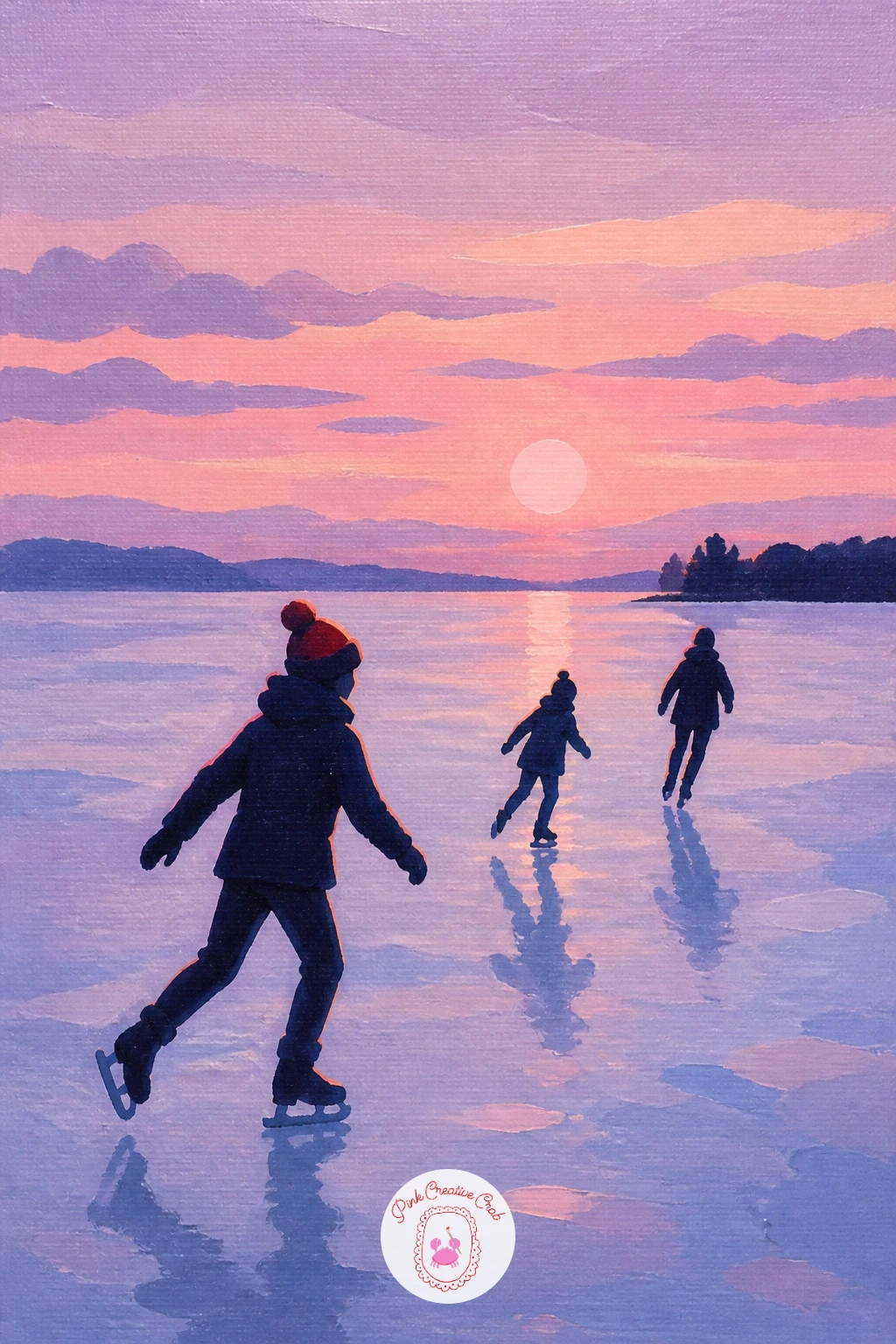 Skaters Under a Pale Pink Sunset on a Lake — Let the sky take the lead with skaters silhouetted under a pale pink sunset over a wide lake. Ice skating painting