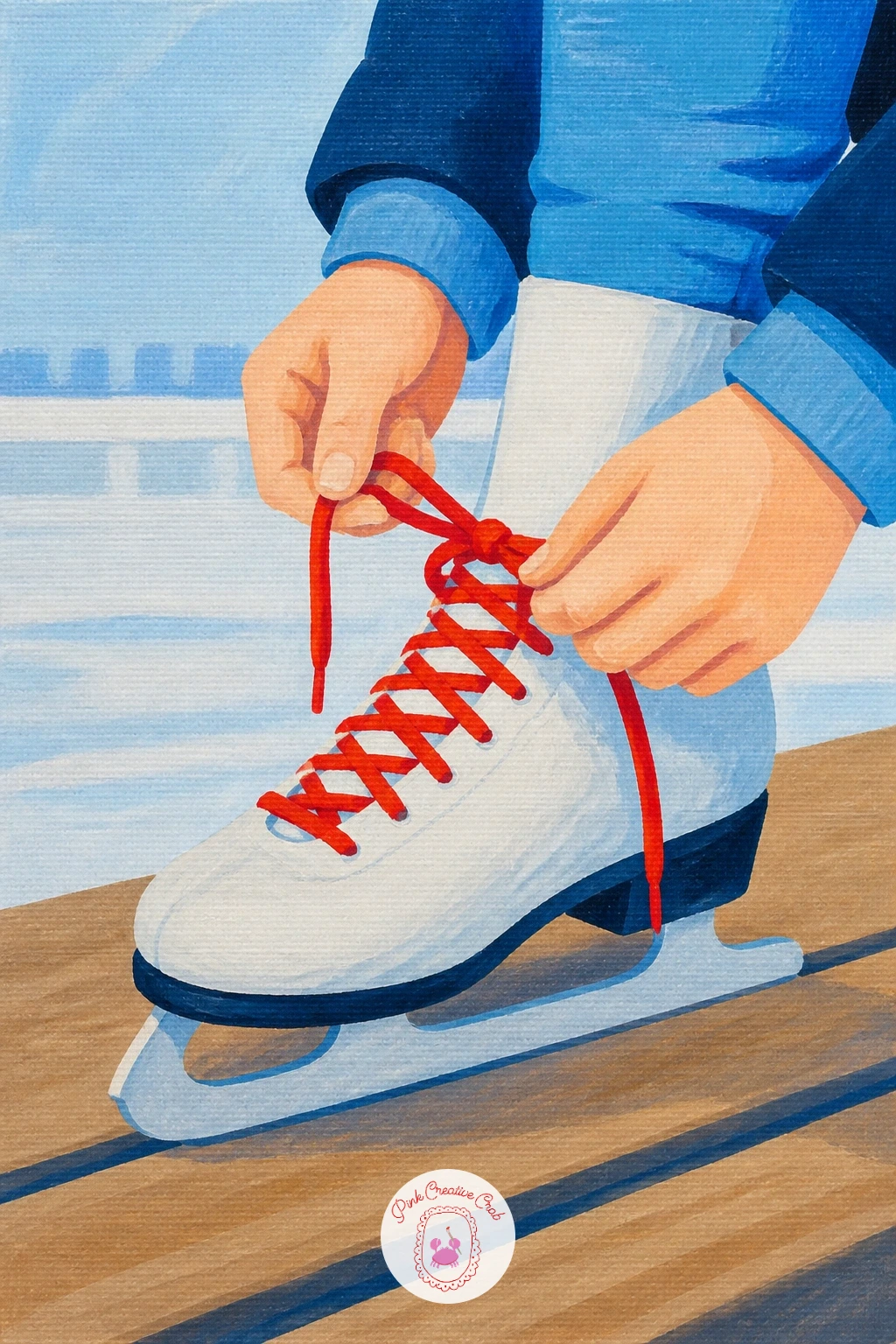 Skate Laces Being Tied on a Wooden Bench — Zoom into a small, intimate detail: a close-up of hands tying skate laces while sitting on a wooden bench. Ice