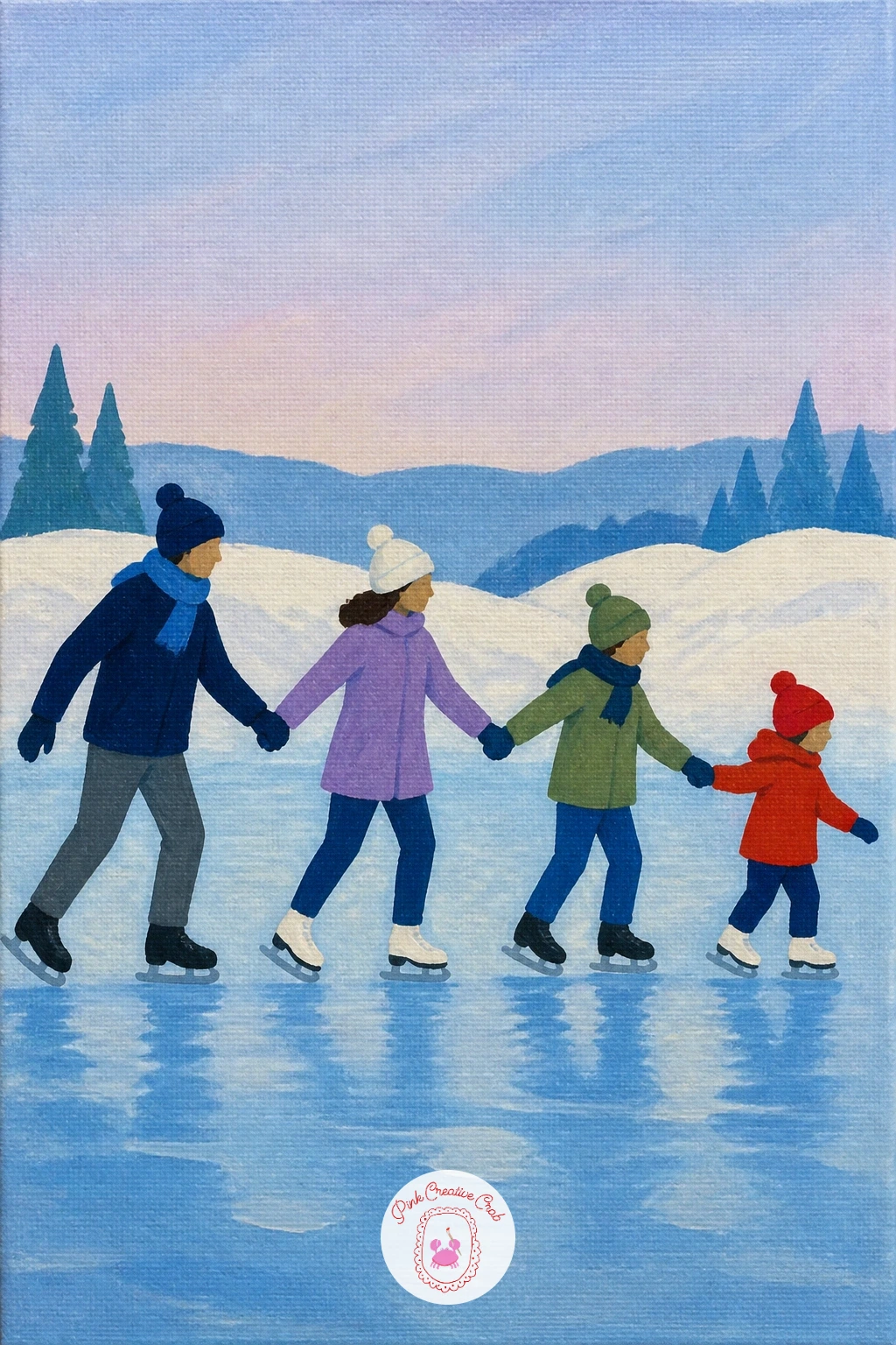 Family Skating in a Line Holding Hands — Scale the couple idea up into a full family skating in a connected line, hands joined from tallest to smallest. Ice