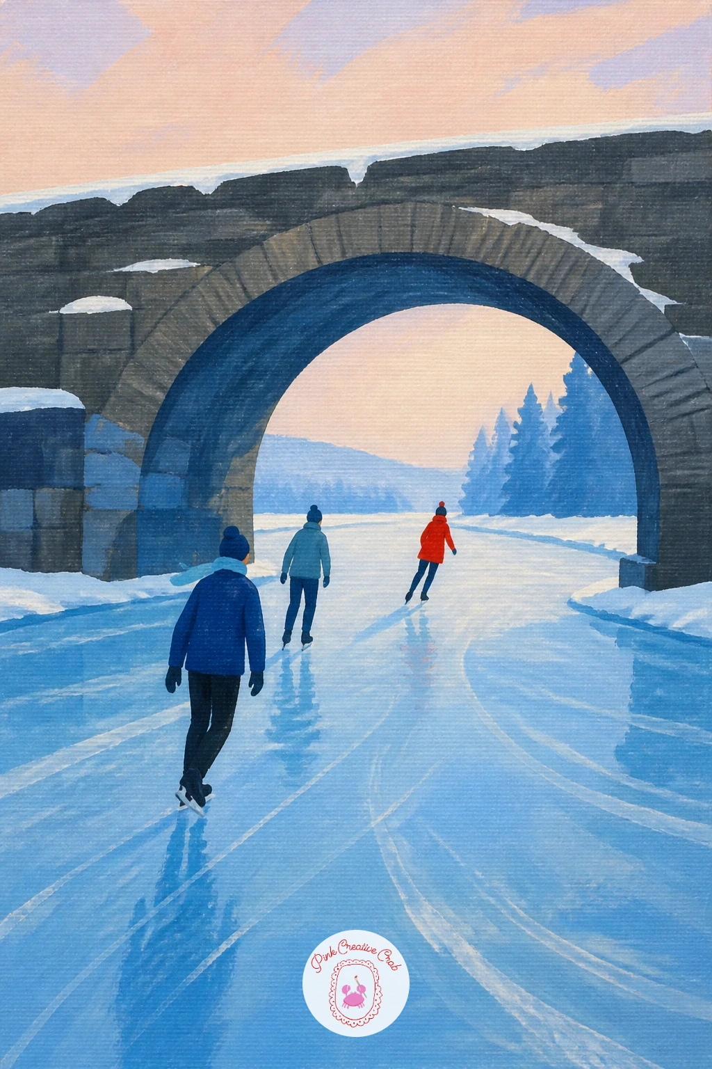 Skaters Under an Old Stone Bridge — Add a strong architectural frame with skaters passing beneath an old stone bridge on a frozen river. Ice skating painting