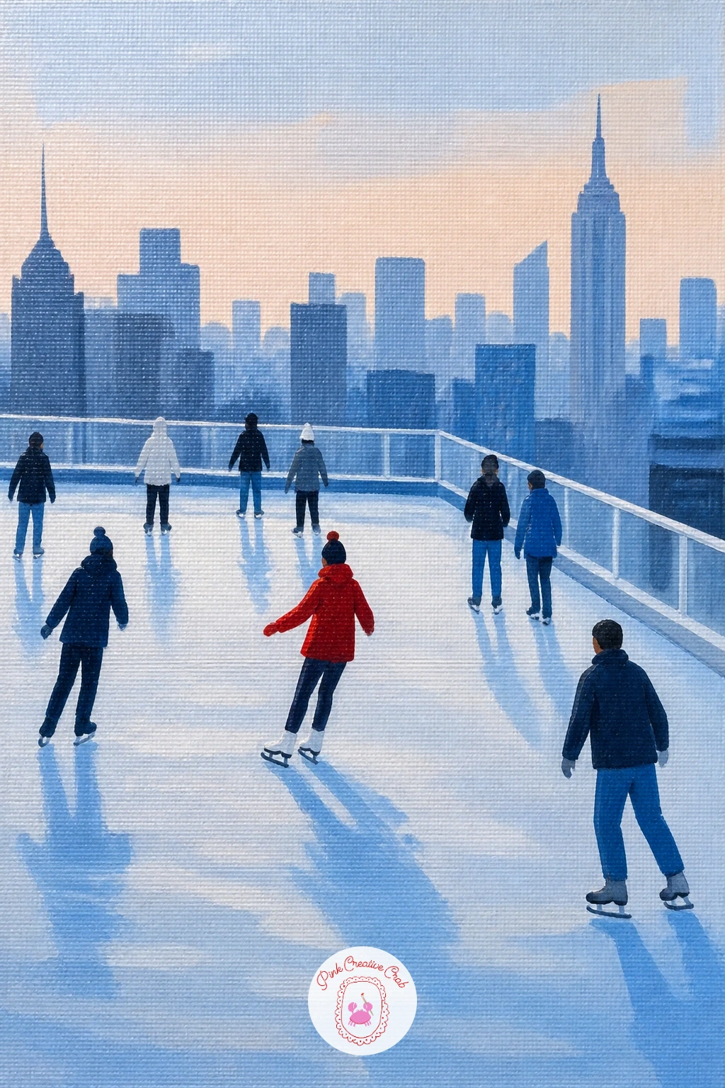 Rooftop Rink With City Views — Take the rink up high for a rooftop setting with a skyline stretching out behind the skaters. Ice skating painting
