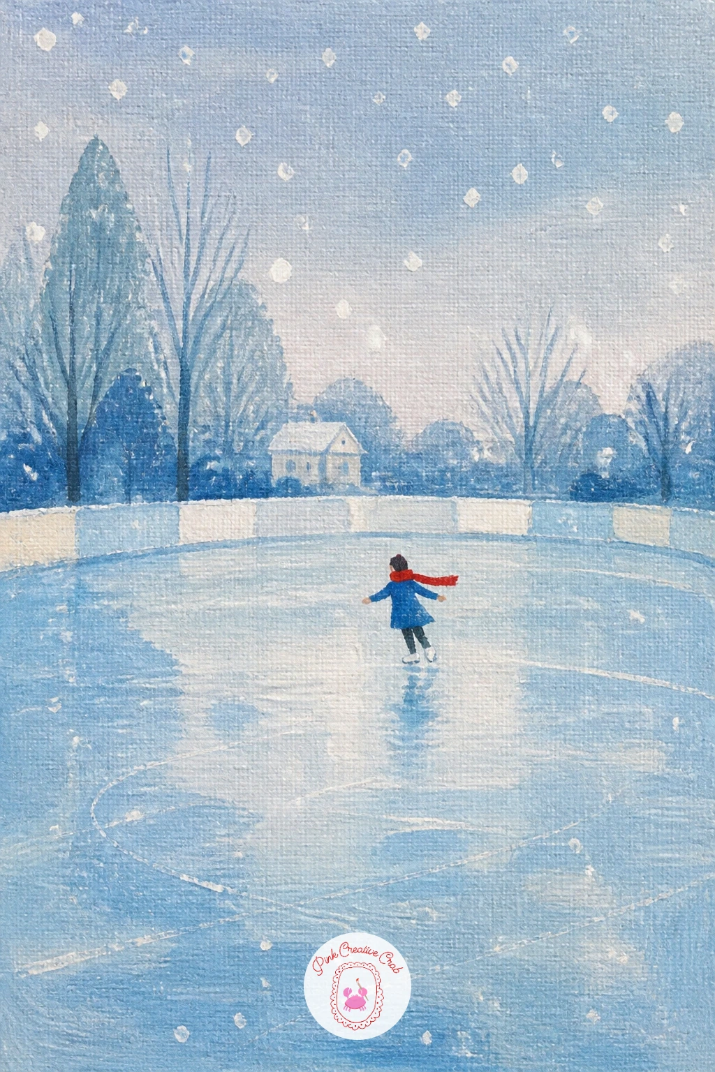Snowflakes Falling Over a Quiet Rink — Slow the whole scene down with gently falling snowflakes over a quiet, near-empty rink. Ice skating painting