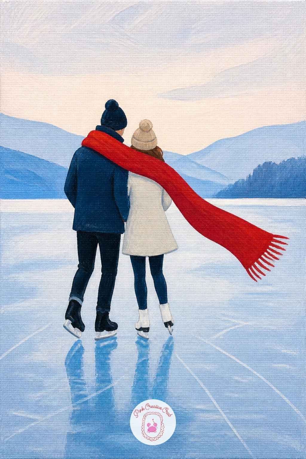 Couple Sharing One Long Scarf on the Ice — Return to the couple theme with a cozier twist: two skaters wrapped together in one long shared scarf as they glide.