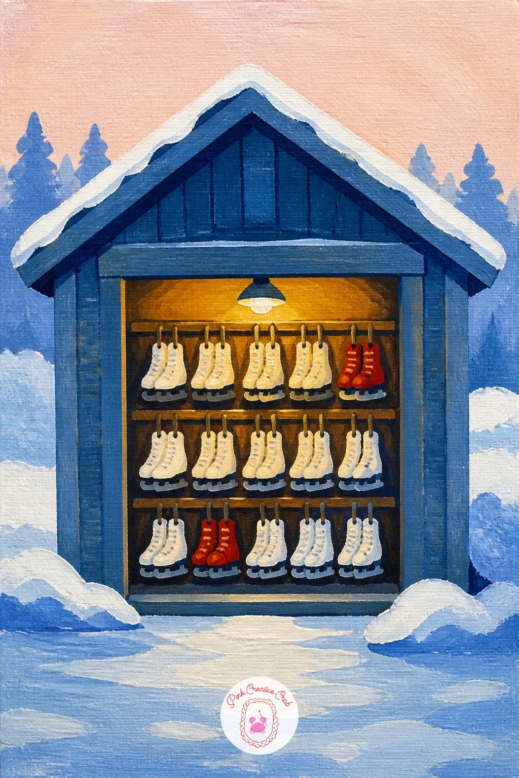 Skate Rental Hut With Rows of Skates — Close the list with a small building full of character: a skate rental hut lined with rows of hanging skates. Ice