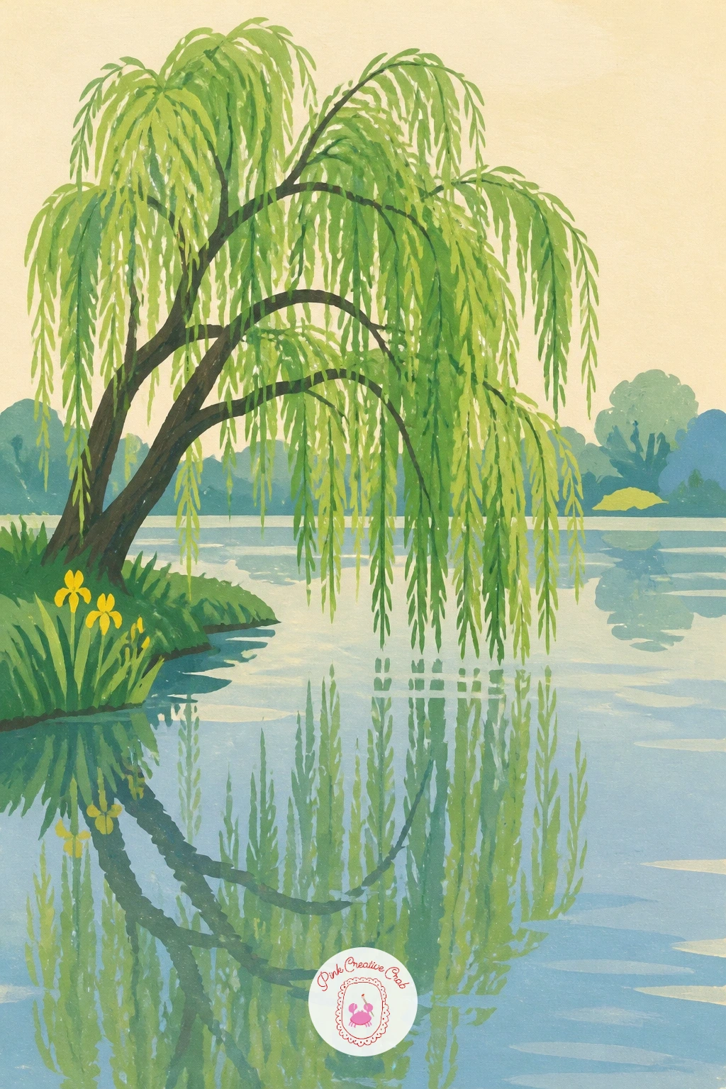 Weeping Willow Over a Still Pond — Start with the shape that gives every willow its personality: a soft dome of foliage on a short trunk, with long thin