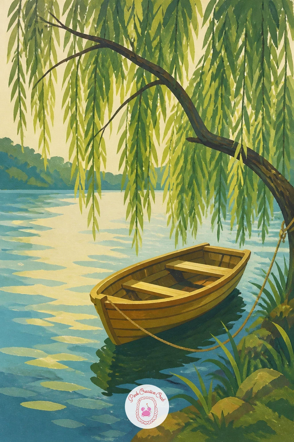 Rowboat Tied Under Willow Branches — Build on that same willow dome, but this time let the branches sweep down over a small wooden rowboat tied to shore.