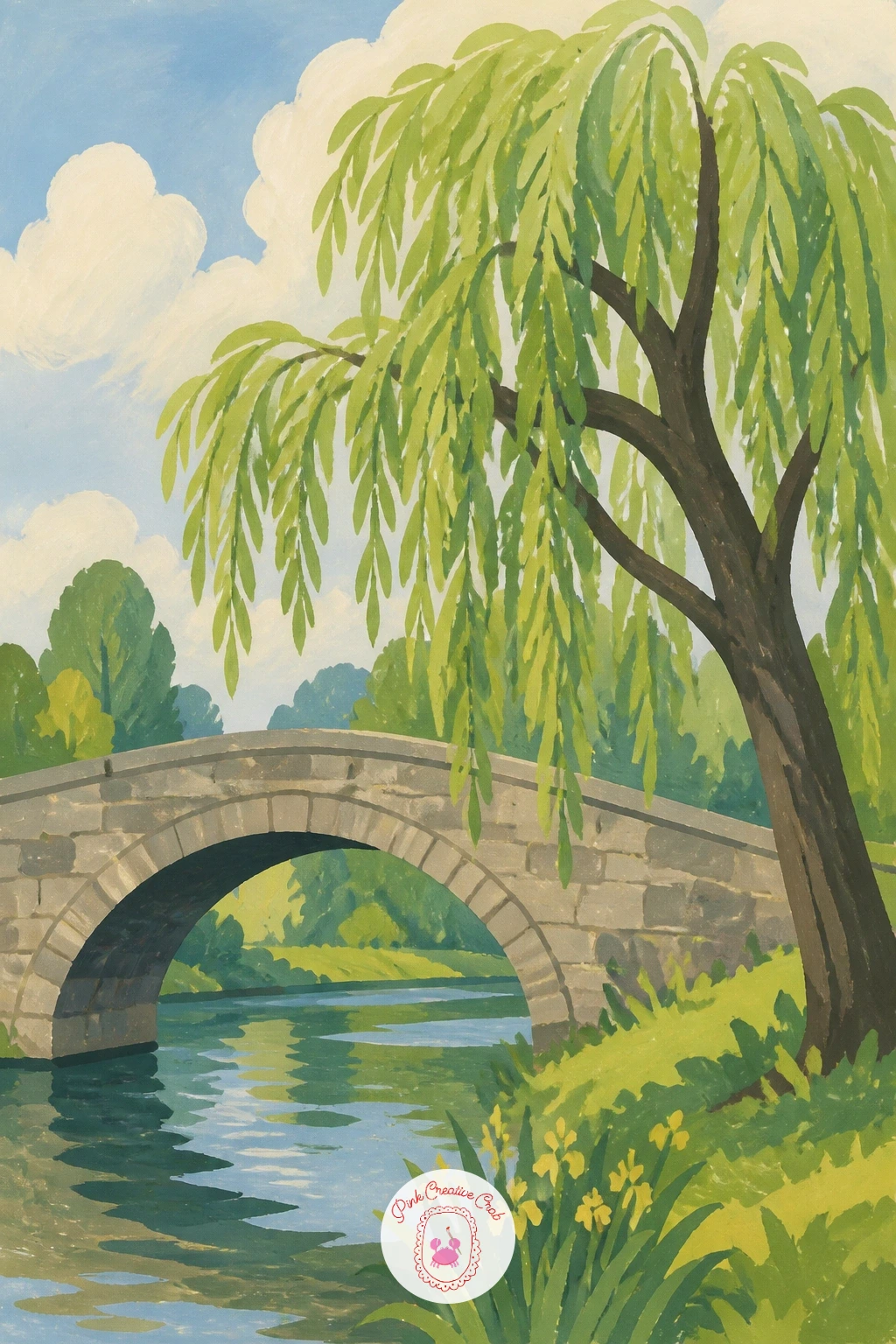Stone Bridge Beside a Willow — A stone bridge gives the willow something solid to lean against, and the contrast between the tree's softness and the bridge's
