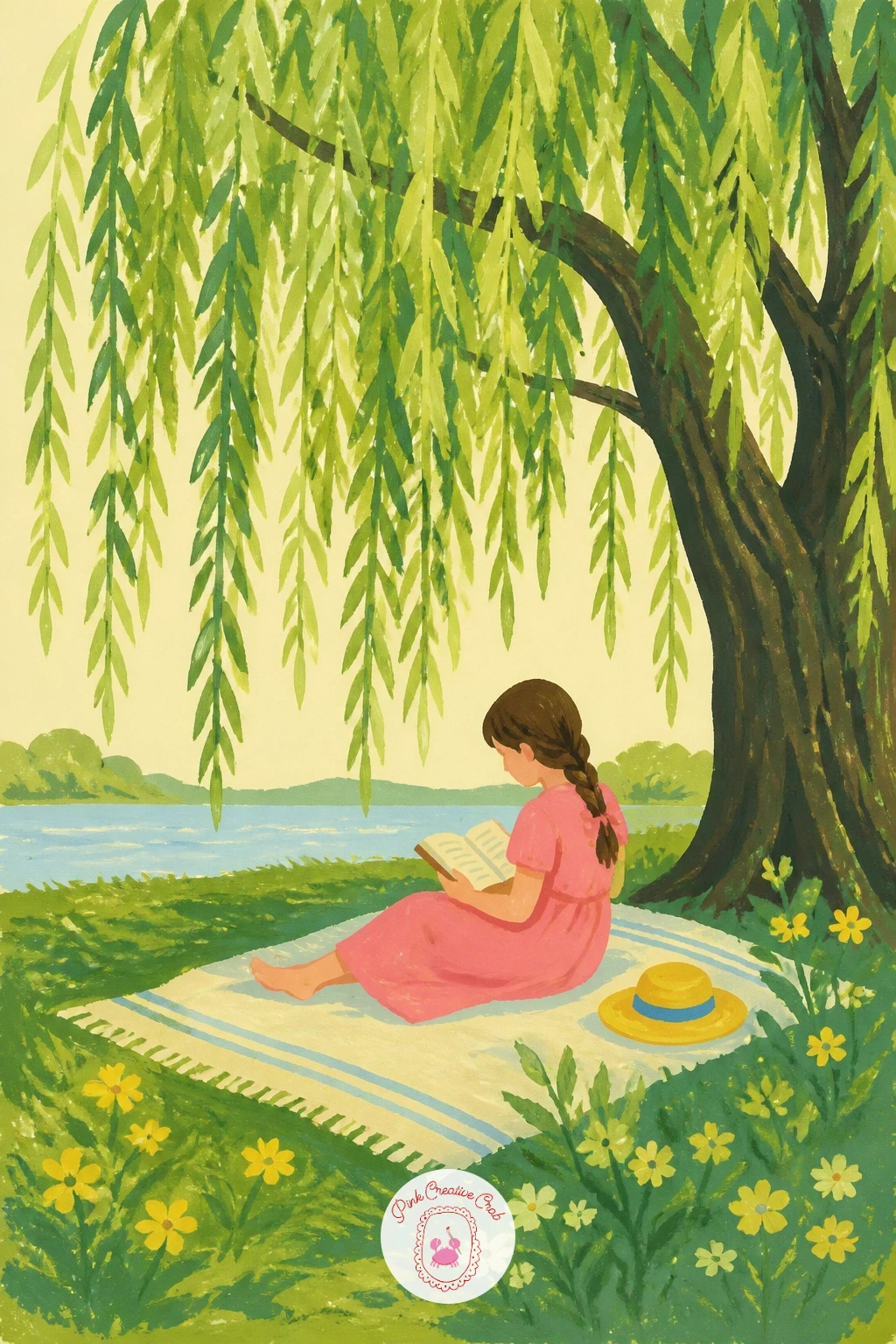 Girl Reading Under a Willow — Bring a small human moment into the scene by tucking a girl with a book onto a blanket beneath the willow's canopy. Willow tree