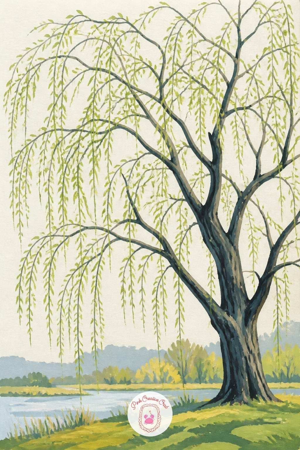 Willow in Early Spring — Catch the willow at its freshest moment, when the branches carry only pale new leaves rather than a full curtain. Willow tree painting
