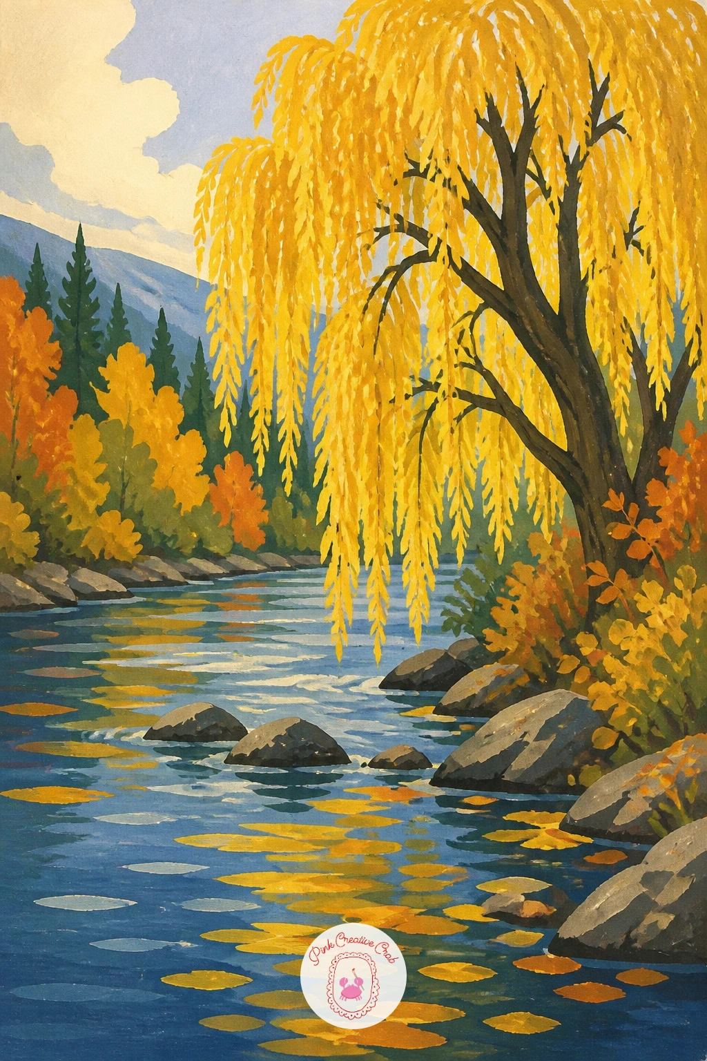 Willow Turned Gold Above an Autumn River — Swap the greens for warm gold and the pond for a moving river, and the same willow shape carries a completely