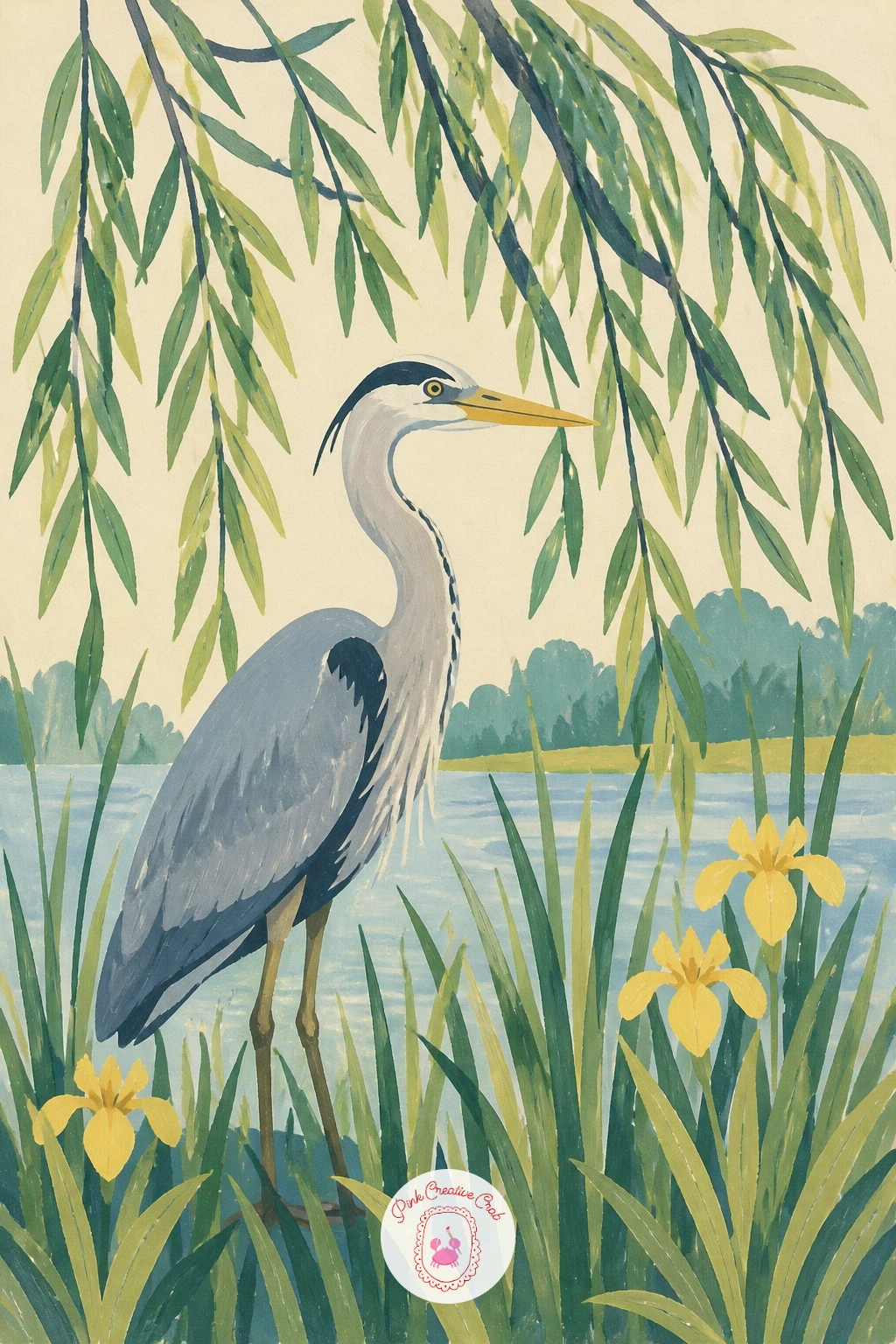 Heron in Reeds Under a Willow — Add a heron standing still among reeds at the base of the willow for a quiet focal point low in the composition. Willow tree