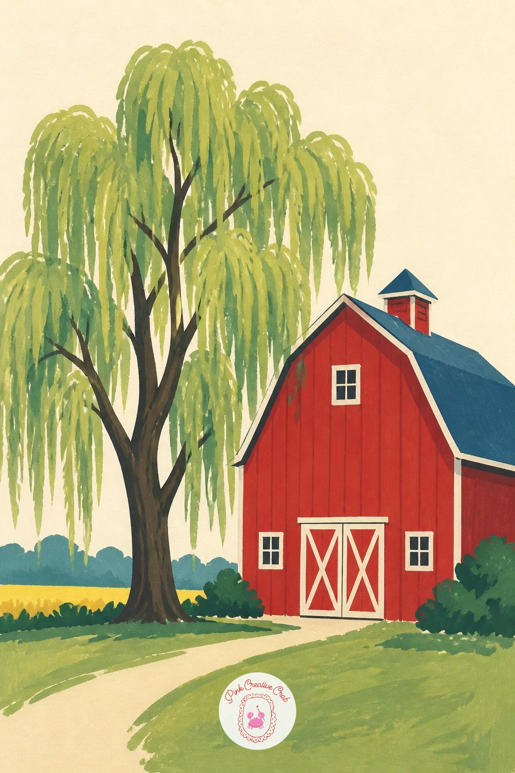 Willow Beside a Red Barn — Set the willow next to a red barn and let the tree's soft green play off the barn's flat, graphic red. Willow tree painting