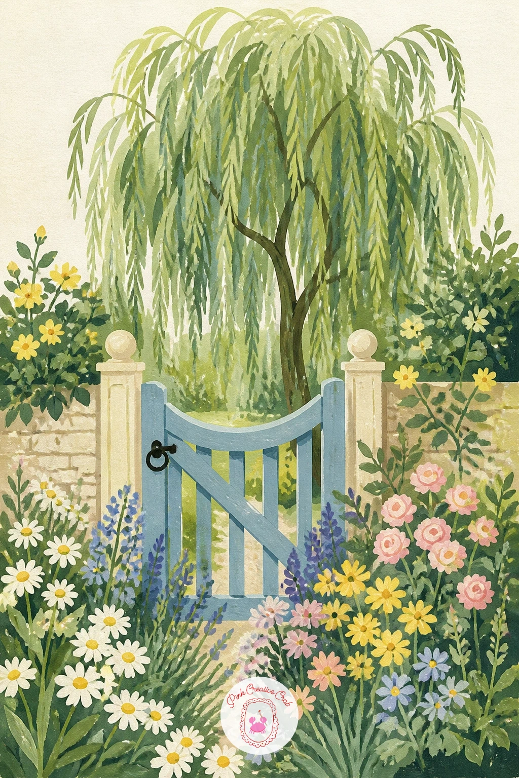 Cottage Garden Willow Behind a Gate — Let the willow stand behind a cottage garden gate, with flowers crowding the foreground and the tree rising softly
