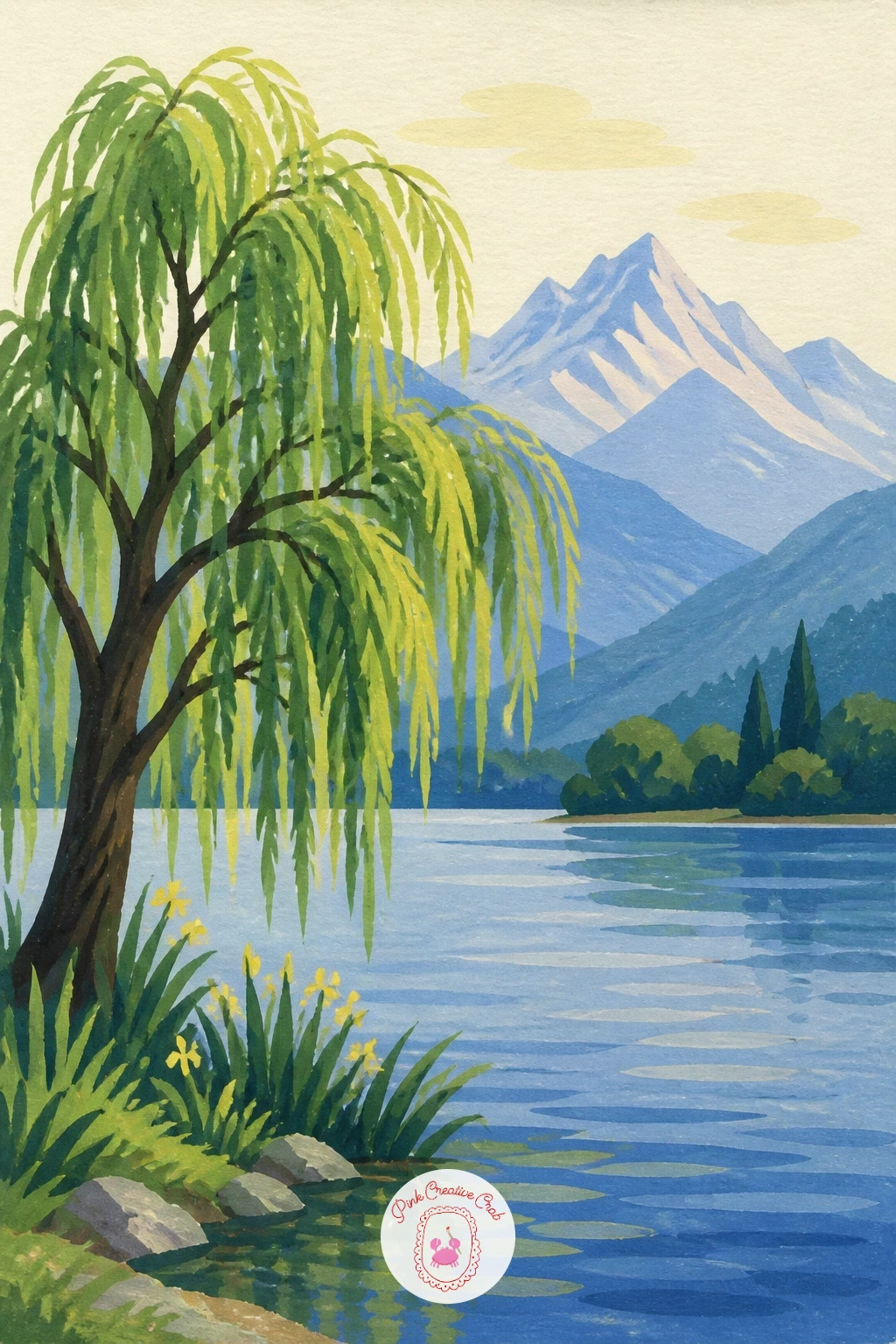 Willow at a Lake With Mountains Behind — Place the willow at the edge of a lake with simple mountain shapes rising behind it, giving the scene real depth