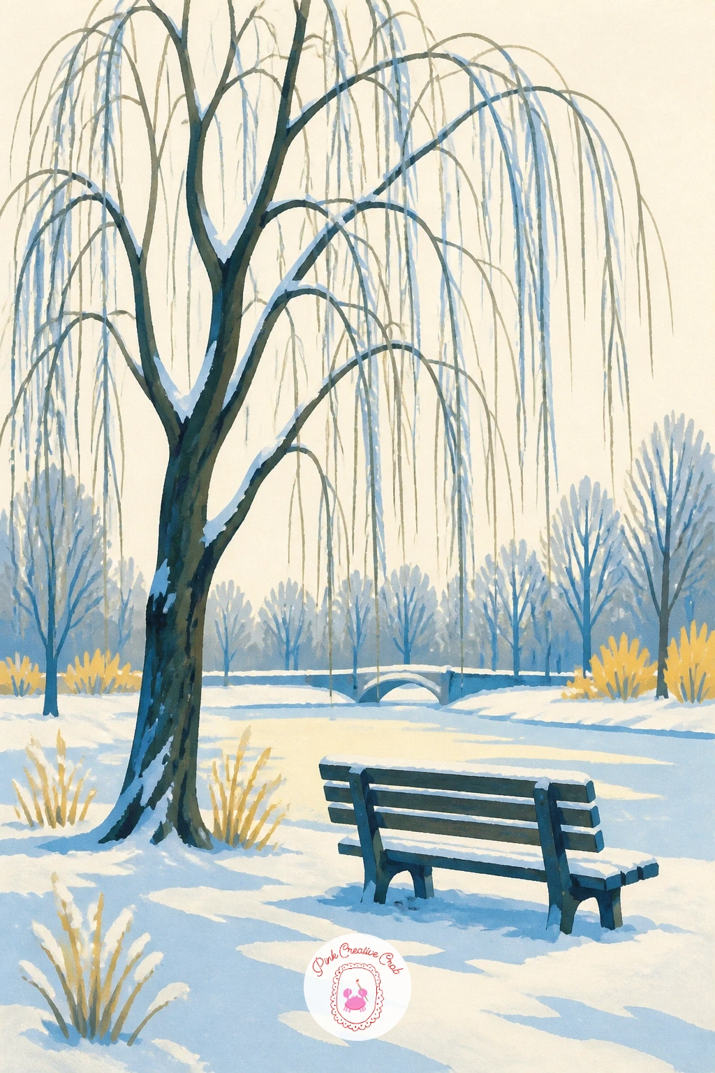Willow in a Snowy Park — Strip the willow back to its bare winter shape beside a simple park bench dusted with snow. Willow tree painting