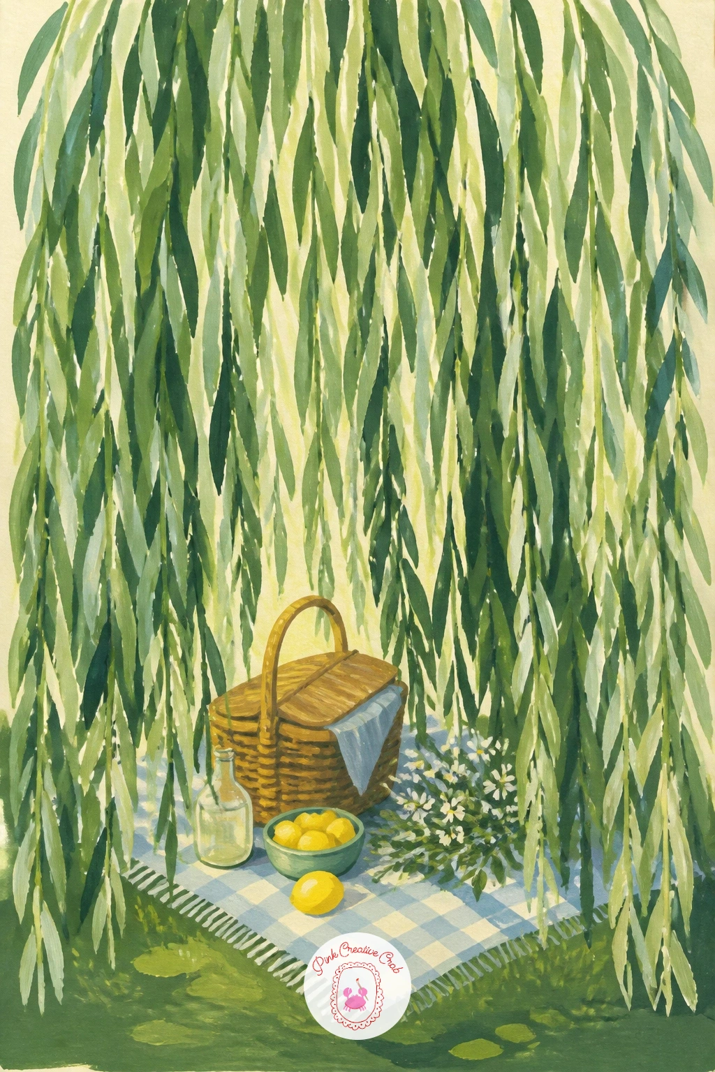 Hidden Picnic Inside a Willow Curtain — Paint the willow's hanging branches as a loose curtain around a small picnic tucked just inside, so the scene feels