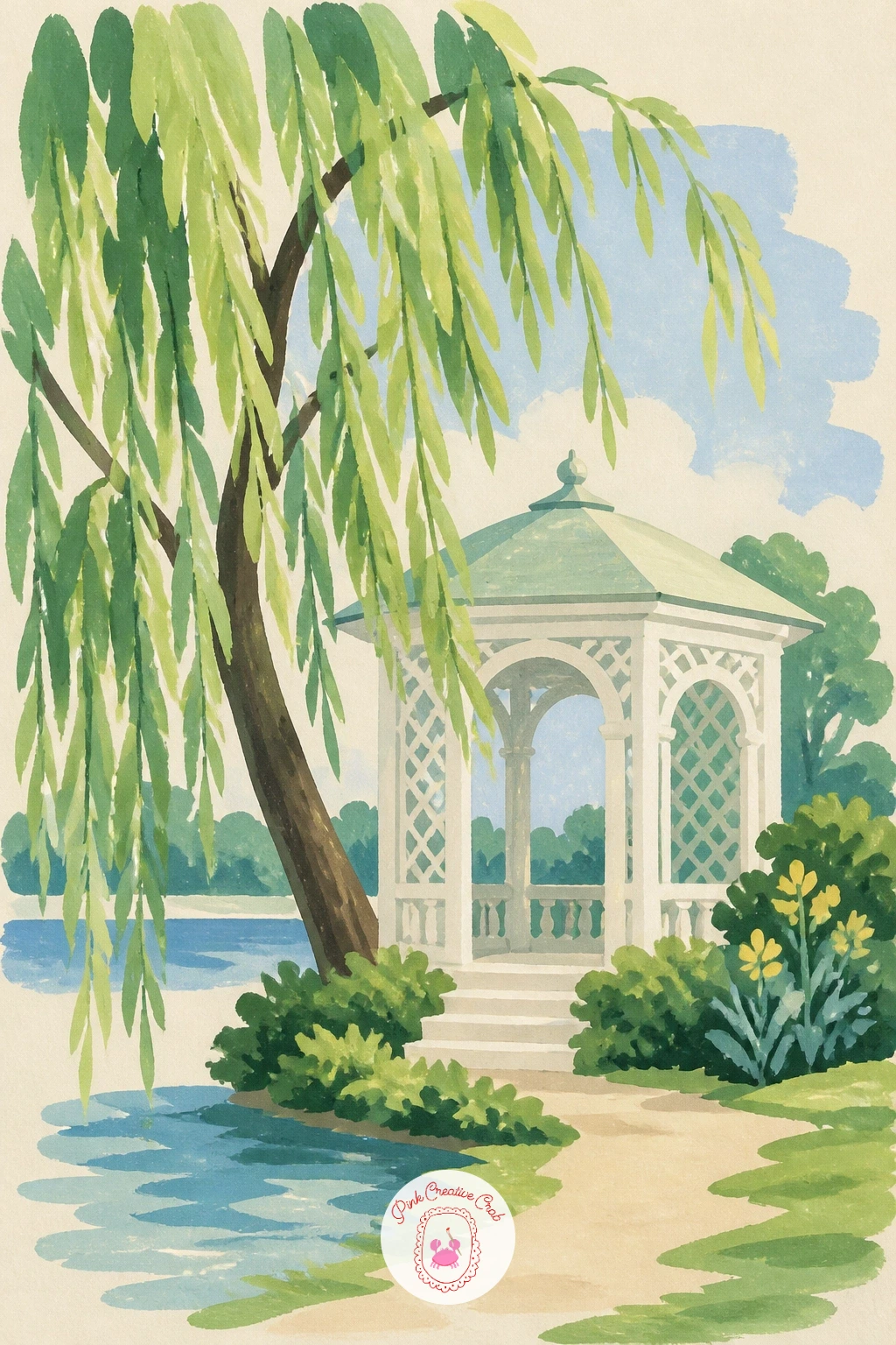 Willow Beside a Garden Pavilion — Give the willow a touch of elegance with a small garden pavilion beside it, its white columns and pointed roof contrasting