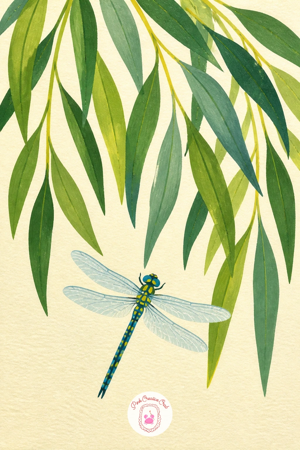 Dragonfly Under Willow Leaves — Zoom in closer than most of these scenes and let a single dragonfly hover beneath a cluster of willow leaves. Willow tree