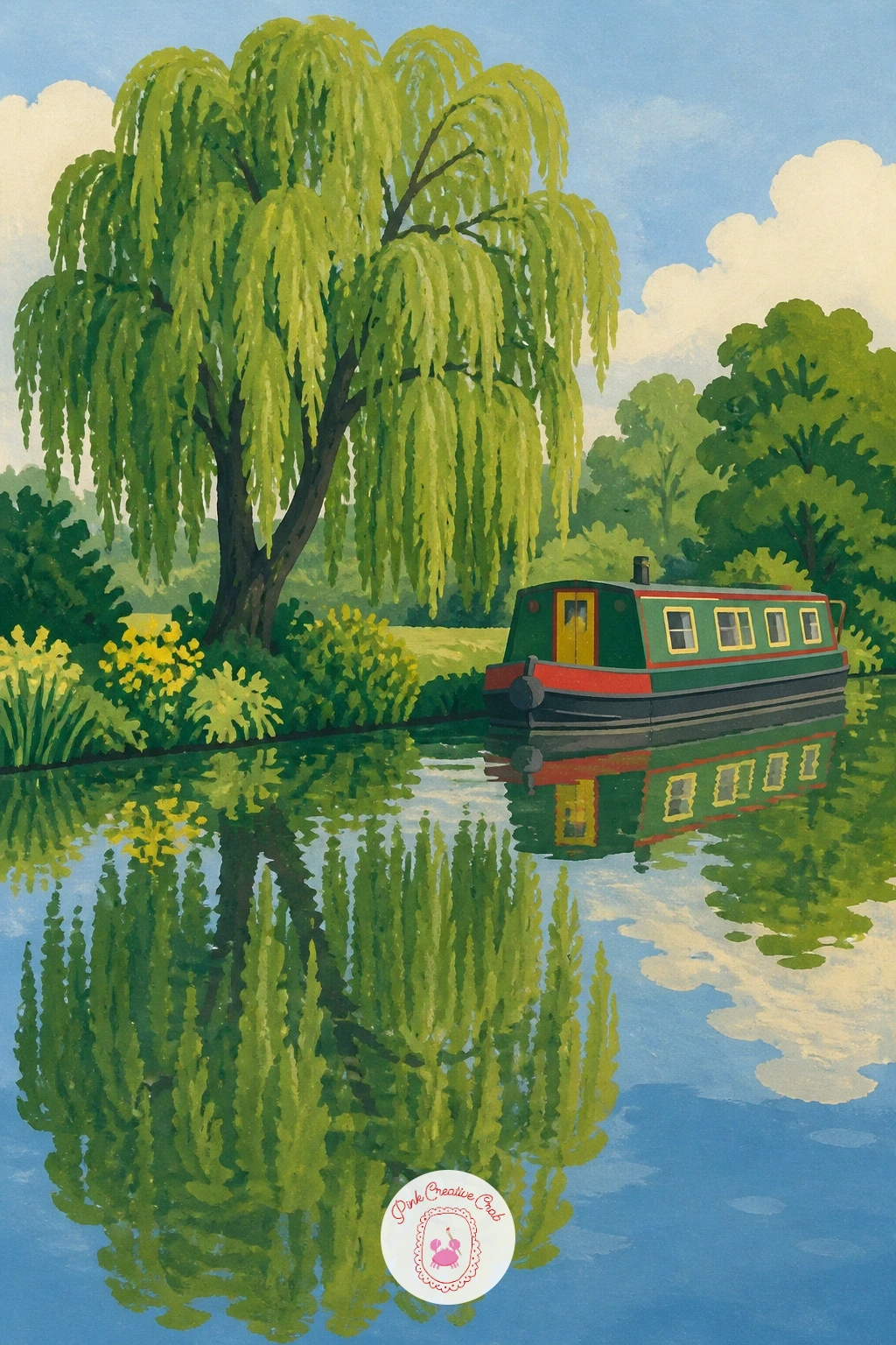 Willow Mirrored in a Canal With a Narrowboat — Move the willow to a canal bank and let a narrowboat drift past below it, with the tree's reflection breaking